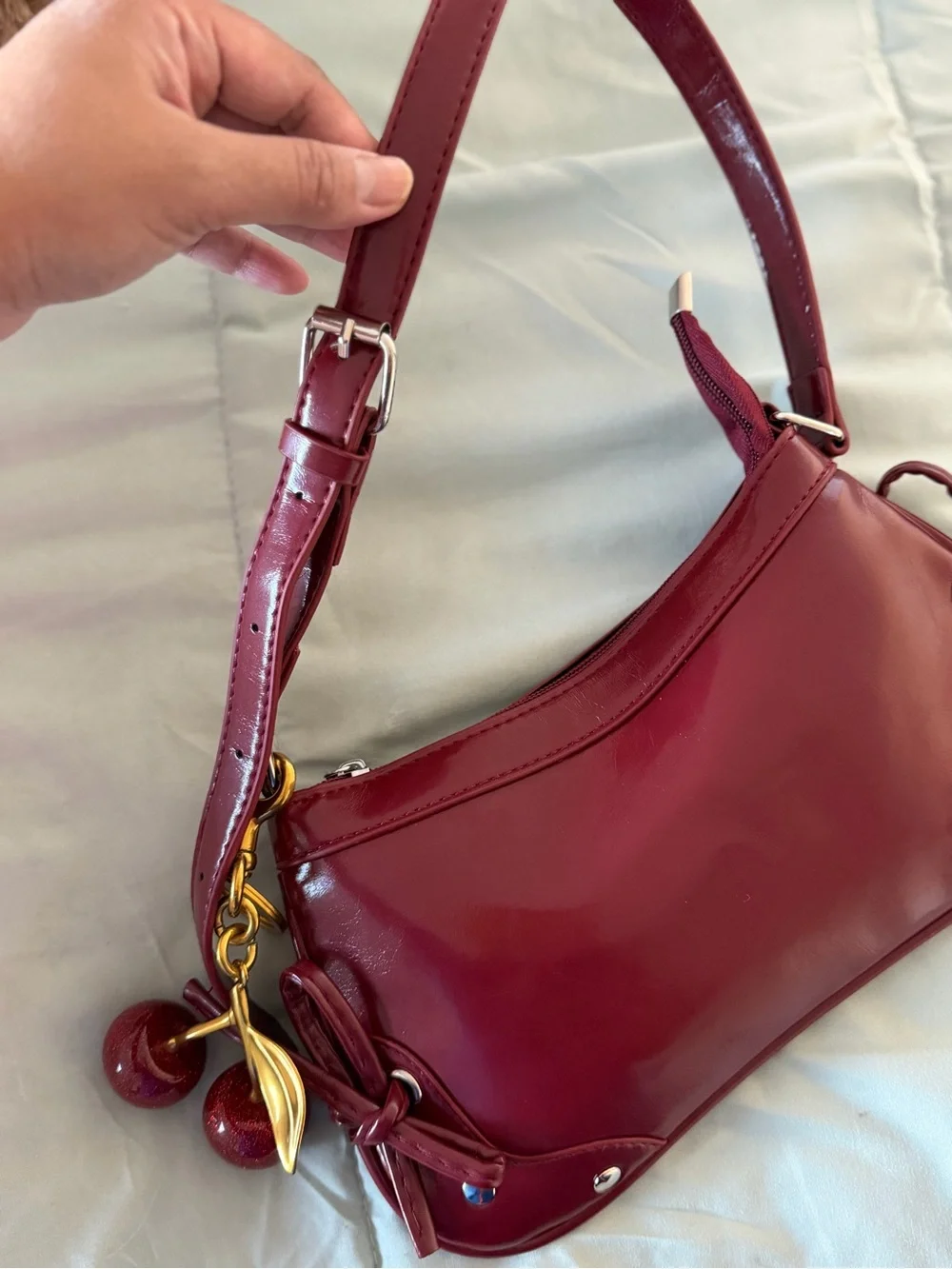 Women's Cherry-Accent Burgundy Shoulder Bag - Stylish Everyday Carry